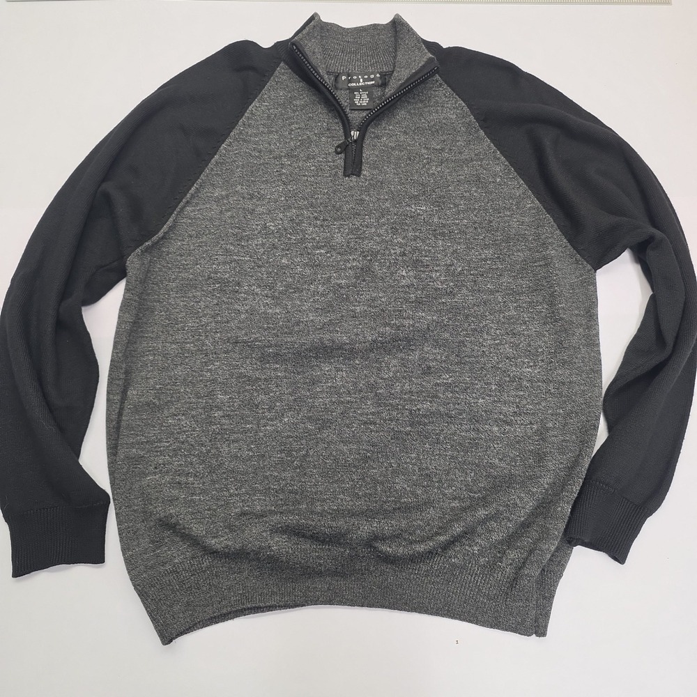 Protege Collection Mens Gray Black Wool Blend Quarter Zip Raglan Sweater Large